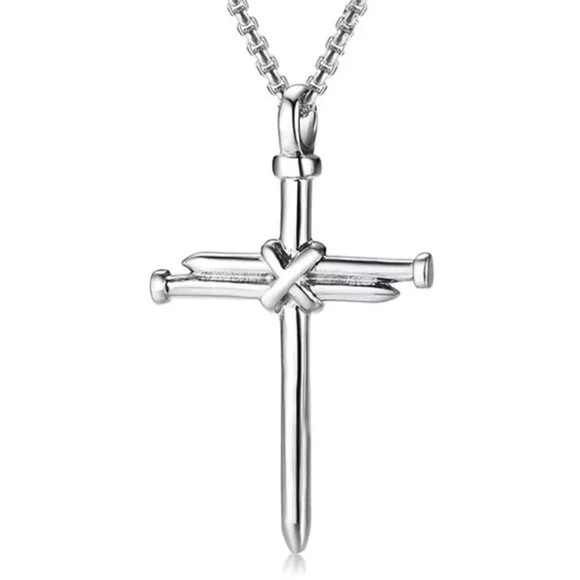 !! Sold Cross 3 Nail Necklace Religious Christian Statement Steel Silver Unisex - Picture 6 of 13